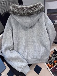 SHEIN Teen Girl Teen Girls Fluffy Zip-Up Sweatshirt Jacket, Grey Sweatshirt Autumn Winter Top, Suitable For Daily Wear And Back To School - Grey - View 2