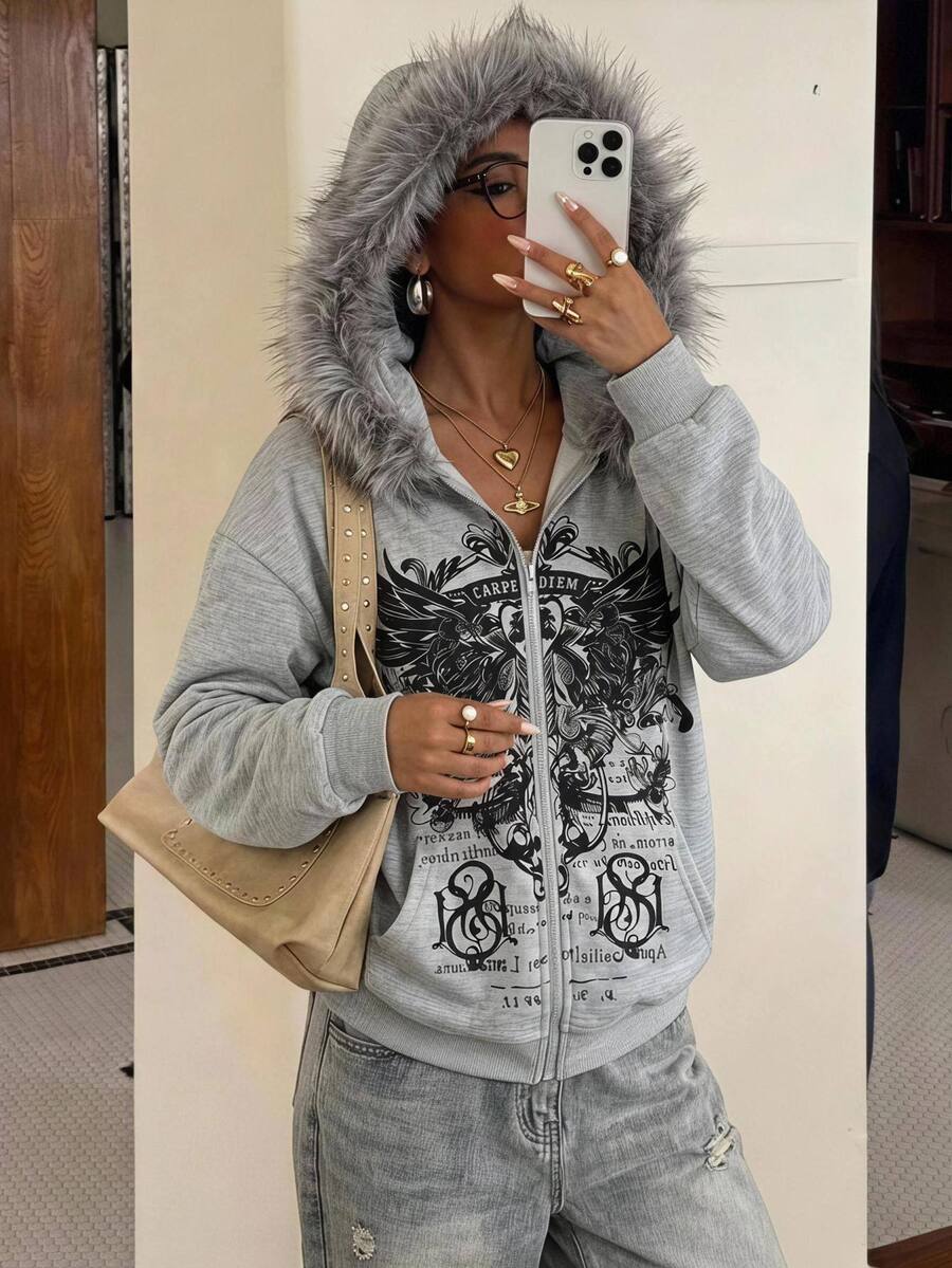 SHEIN Teen Girl Teen Girls Fluffy Zip-Up Sweatshirt Jacket, Grey Sweatshirt Autumn Winter Top, Suitable For Daily Wear And Back To School - Grey - View 1