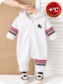 SHEIN 嬰兒男童紅色布料連帽長袖拉鍊連身衣 秋冬保暖舒適經典款 - 彩色 - 查看 7