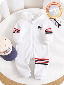 SHEIN 嬰兒男童紅色布料連帽長袖拉鍊連身衣 秋冬保暖舒適經典款 - 彩色 - 查看 3