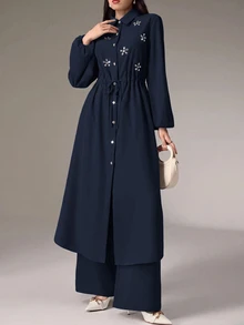 Modelyn 女款百搭水鑽鈕扣長袖襯衫與長褲兩件套 - 藏蓝色 - 查看 7