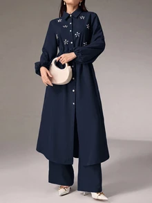 Modelyn 女款百搭水鑽鈕扣長袖襯衫與長褲兩件套 - 藏蓝色 - 查看 5