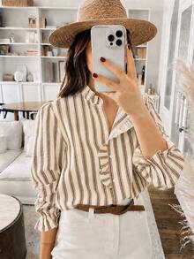 Weeklong Plus Size Women Ruffle Collar Loose Open Front Striped Print Casual Vacation Shirt Fall - Apricot - View 1