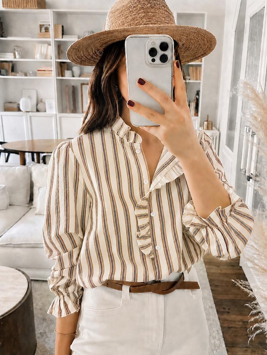 Weeklong Plus Size Women Ruffle Collar Loose Open Front Striped Print Casual Vacation Shirt Fall - Apricot - View 1