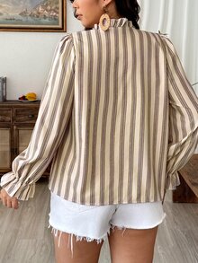 Weeklong Plus Size Women Ruffle Collar Loose Open Front Striped Print Casual Vacation Shirt Fall - Apricot - View 2