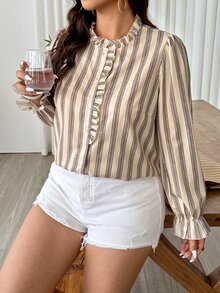 Weeklong Plus Size Women Ruffle Collar Loose Open Front Striped Print Casual Vacation Shirt Fall - Apricot - View 4
