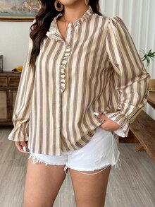 Weeklong Plus Size Women Ruffle Collar Loose Open Front Striped Print Casual Vacation Shirt Fall - Apricot - View 5
