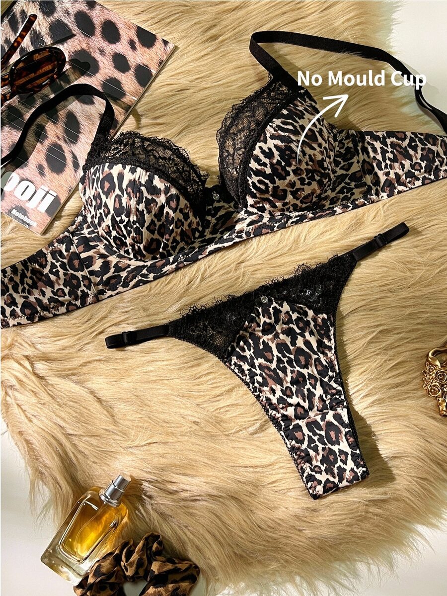 SHEIN Conjunto de lencería de 2 piezas para mujer con sujetador con aros, estampado de leopardo y patchwork de encaje - Multicolor - Ver 1