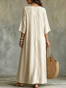 Trelyra Loose Fit V-Neck 3/4 Sleeve Long Dress - Khaki - View 2