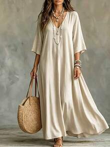 Trelyra Loose Fit V-Neck 3/4 Sleeve Long Dress - Khaki - View 3