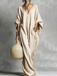 Trelyra Loose Fit V-Neck 3/4 Sleeve Long Dress - Khaki - View 1