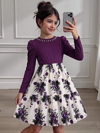 SHEIN Long Sleeve Puff Dress, Tween Girl Vintage Floral Patchwork, Floral Hem, A-Line Silhouette, Suitable For Spring And Autumn, Autumn/Winter Children's Gentle Luxury Style Purple Pearl Collar Patchwork Floral Long Sleeve Dress 8-12 Years Old Girls Vintage Purple Floral Layered Cake Skirt, Snug Fit Waist Princess Long Dress For Party, Birthday, Daily, Outing