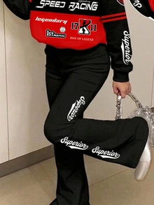 2pcs/Set, Girls Racing Print Outfit, Includes Soft Fabric Hooded Pullover Sweatshirt And Flare Pants, Fashionable Versatile And Energetic, Suitable For Autumn/Winter - Multicolor - View 4