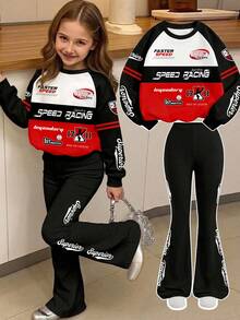 2pcs/Set, Girls Racing Print Outfit, Includes Soft Fabric Hooded Pullover Sweatshirt And Flare Pants, Fashionable Versatile And Energetic, Suitable For Autumn/Winter - Multicolor - View 1