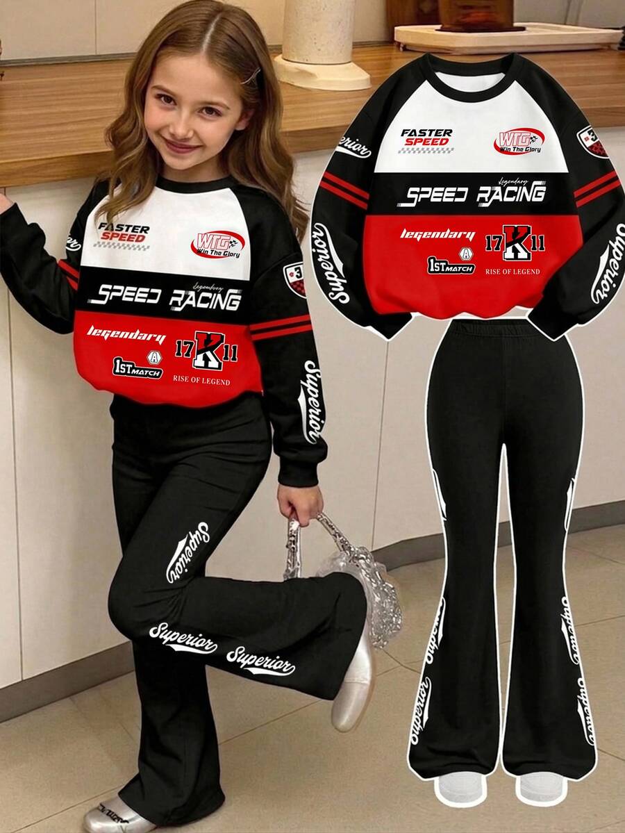 2pcs/Set, Girls Racing Print Outfit, Includes Soft Fabric Hooded Pullover Sweatshirt And Flare Pants, Fashionable Versatile And Energetic, Suitable For Autumn/Winter - Multicolor - View 1