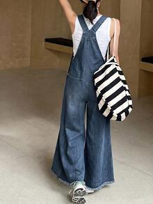 SHEIN Celana Jeans Longgar dan Nyaman Warna Biru Tua Model Lebar dengan Tali Serut untuk Remaja Perempuan, Cocok untuk Ke Sekolah - Biru - View 2