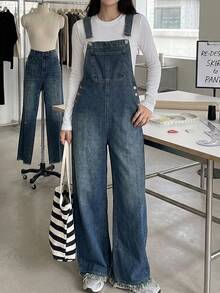 SHEIN Celana Jeans Longgar dan Nyaman Warna Biru Tua Model Lebar dengan Tali Serut untuk Remaja Perempuan, Cocok untuk Ke Sekolah - Biru - View 1