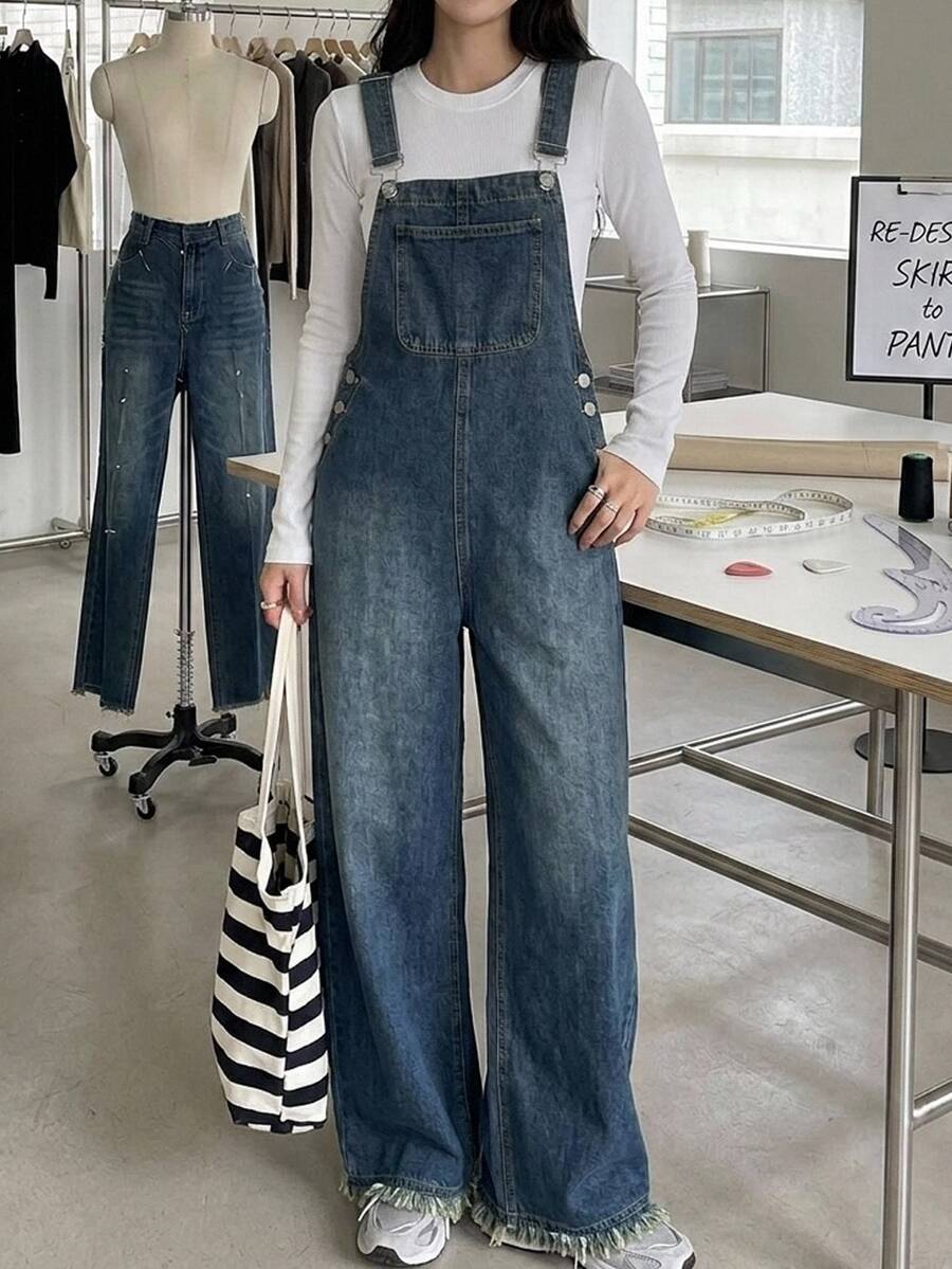 SHEIN Celana Jeans Longgar dan Nyaman Warna Biru Tua Model Lebar dengan Tali Serut untuk Remaja Perempuan, Cocok untuk Ke Sekolah - Biru - View 1