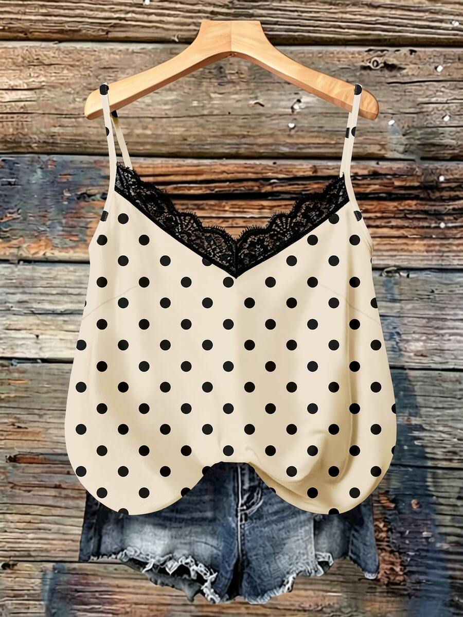 SHEIN VCAY Plus Size Polka Dot Print Lace Patchwork Camisole Tank Top, Suitable For Autumn/Winter - Multicolor - View 1