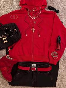 Attitoon Sweatshirt Hoodie Lengan Panjang Kasual Minimalis dengan Motif Cetak, Potongan Longgar untuk Wanita - Merah - View 2