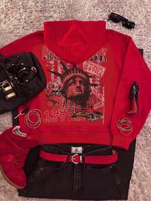 Attitoon Sweatshirt Hoodie Lengan Panjang Kasual Minimalis dengan Motif Cetak, Potongan Longgar untuk Wanita - Merah - View 3