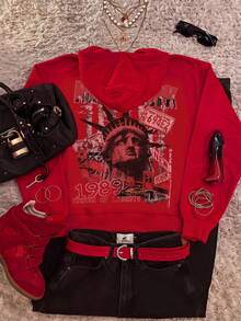 Attitoon Sweatshirt Hoodie Lengan Panjang Kasual Minimalis dengan Motif Cetak, Potongan Longgar untuk Wanita - Merah - View 1