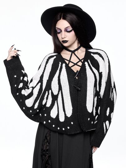 ROMWE Goth เสื้อคาร์ดิแกนถักผู้หญิงสไตล์โกธิคสีเข้มสำหรับฮาโลวีน ลายผีเสื้อกลางคืน ปีกค้างคาว