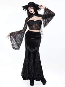 ROMWE Women's Velvet Lace Applique Mermaid Tail Bodycon Skirt, Elegant Palace Gothic Style - Black - View 7