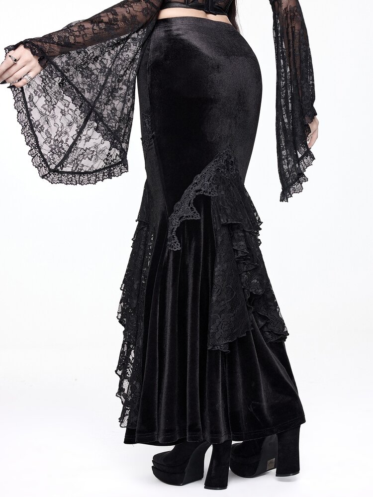 ROMWE Women's Velvet Lace Applique Mermaid Tail Bodycon Skirt, Elegant Palace Gothic Style - Black - View 2