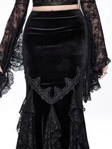 ROMWE Women's Velvet Lace Applique Mermaid Tail Bodycon Skirt, Elegant Palace Gothic Style - Black - View 5