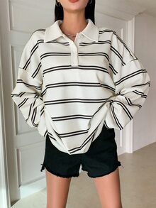 Dazy Tall Women's Striped Loose Long Sleeve Casual T-Shirt Fall - White - View 3