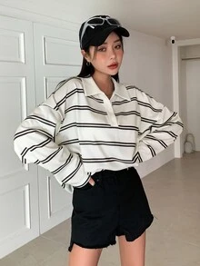 Dazy Tall Women's Striped Loose Long Sleeve Casual T-Shirt Fall - White - View 6