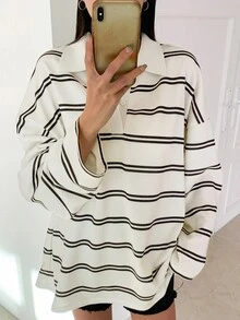 Dazy Tall Women's Striped Loose Long Sleeve Casual T-Shirt Fall - White - View 4