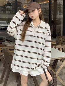 Dazy Tall Women's Striped Loose Long Sleeve Casual T-Shirt Fall - White - View 7