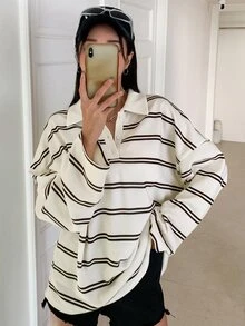 Dazy Tall Women's Striped Loose Long Sleeve Casual T-Shirt Fall - White - View 8