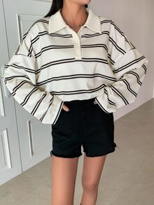 Dazy Tall Women's Striped Loose Long Sleeve Casual T-Shirt Fall - White - View 5
