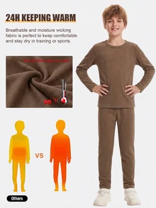 SHEIN Boys' Autumn/Winter Comfortable Soft Brown Deoron Long Pants & Long Sleeve Top Set, Innerwear Combination - Coffee Brown - View 8