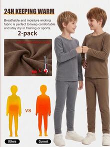 SHEIN Boys' Autumn/Winter Comfortable Soft Brown Deoron Long Pants & Long Sleeve Top Set, Innerwear Combination - Coffee Brown - View 1
