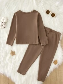 SHEIN Boys' Autumn/Winter Comfortable Soft Brown Deoron Long Pants & Long Sleeve Top Set, Innerwear Combination - Coffee Brown - View 2