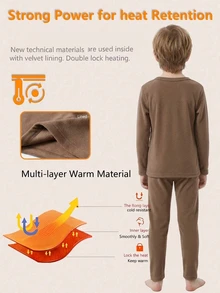 SHEIN Boys' Autumn/Winter Comfortable Soft Brown Deoron Long Pants & Long Sleeve Top Set, Innerwear Combination - Coffee Brown - View 6