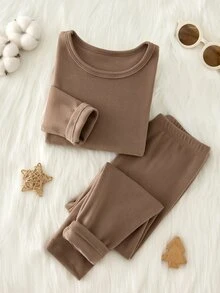 SHEIN Boys' Autumn/Winter Comfortable Soft Brown Deoron Long Pants & Long Sleeve Top Set, Innerwear Combination - Coffee Brown - View 3