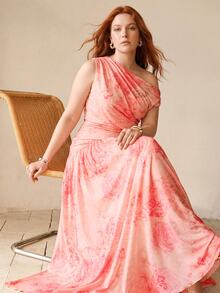 MOTF PREMIUM PLUS SIZE WOMEN'S ELEGANT ASYMMETRICAL SHOULDER PRINTED MESH LONG DRESS - Pink - View 8