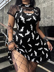 Whyspr Plus Size Women's Round Neck Casual Bold Avant-Garde Dark Punk Style Mesh Patchwork Grommet Webbing Decor Short Sleeve Dress, Hollow Neckline Mesh Design, Casual Punk Music Festival - Multicolor - View 7