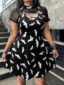Whyspr Plus Size Women's Round Neck Casual Bold Avant-Garde Dark Punk Style Mesh Patchwork Grommet Webbing Decor Short Sleeve Dress, Hollow Neckline Mesh Design, Casual Punk Music Festival - Multicolor - View 5