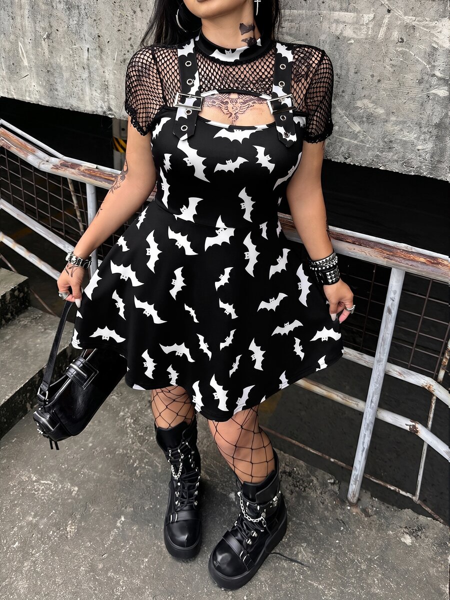 Whyspr Plus Size Women's Round Neck Casual Bold Avant-Garde Dark Punk Style Mesh Patchwork Grommet Webbing Decor Short Sleeve Dress, Hollow Neckline Mesh Design, Casual Punk Music Festival - Multicolor - View 1