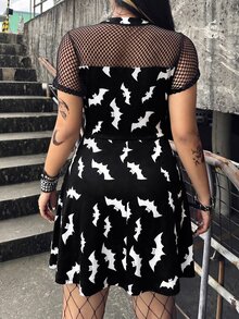 Whyspr Plus Size Women's Round Neck Casual Bold Avant-Garde Dark Punk Style Mesh Patchwork Grommet Webbing Decor Short Sleeve Dress, Hollow Neckline Mesh Design, Casual Punk Music Festival - Multicolor - View 2