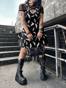 Whyspr Plus Size Women's Round Neck Casual Bold Avant-Garde Dark Punk Style Mesh Patchwork Grommet Webbing Decor Short Sleeve Dress, Hollow Neckline Mesh Design, Casual Punk Music Festival - Multicolor - View 3