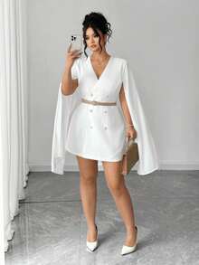 Elenzga Plus Size Women Elegant Double-Breasted Dress Fall - White - View 4