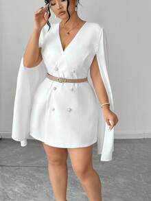 Elenzga Plus Size Women Elegant Double-Breasted Dress Fall - White - View 3