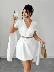 Elenzga Plus Size Women Elegant Double-Breasted Dress Fall - White - View 1